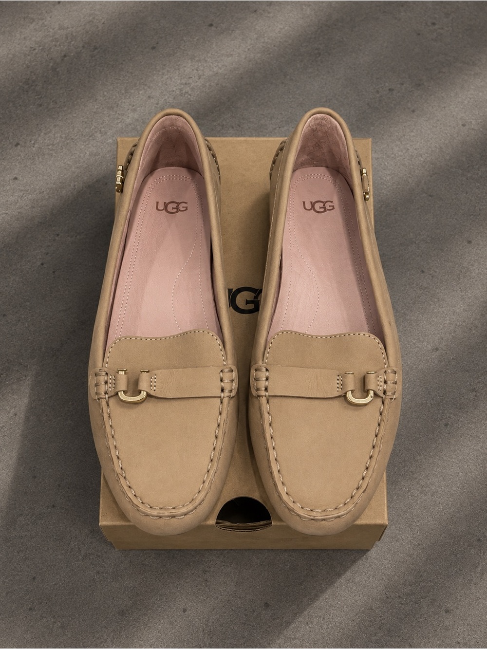 UGG Women’s Tan Nubuck Penny Loafers with Gold Accent